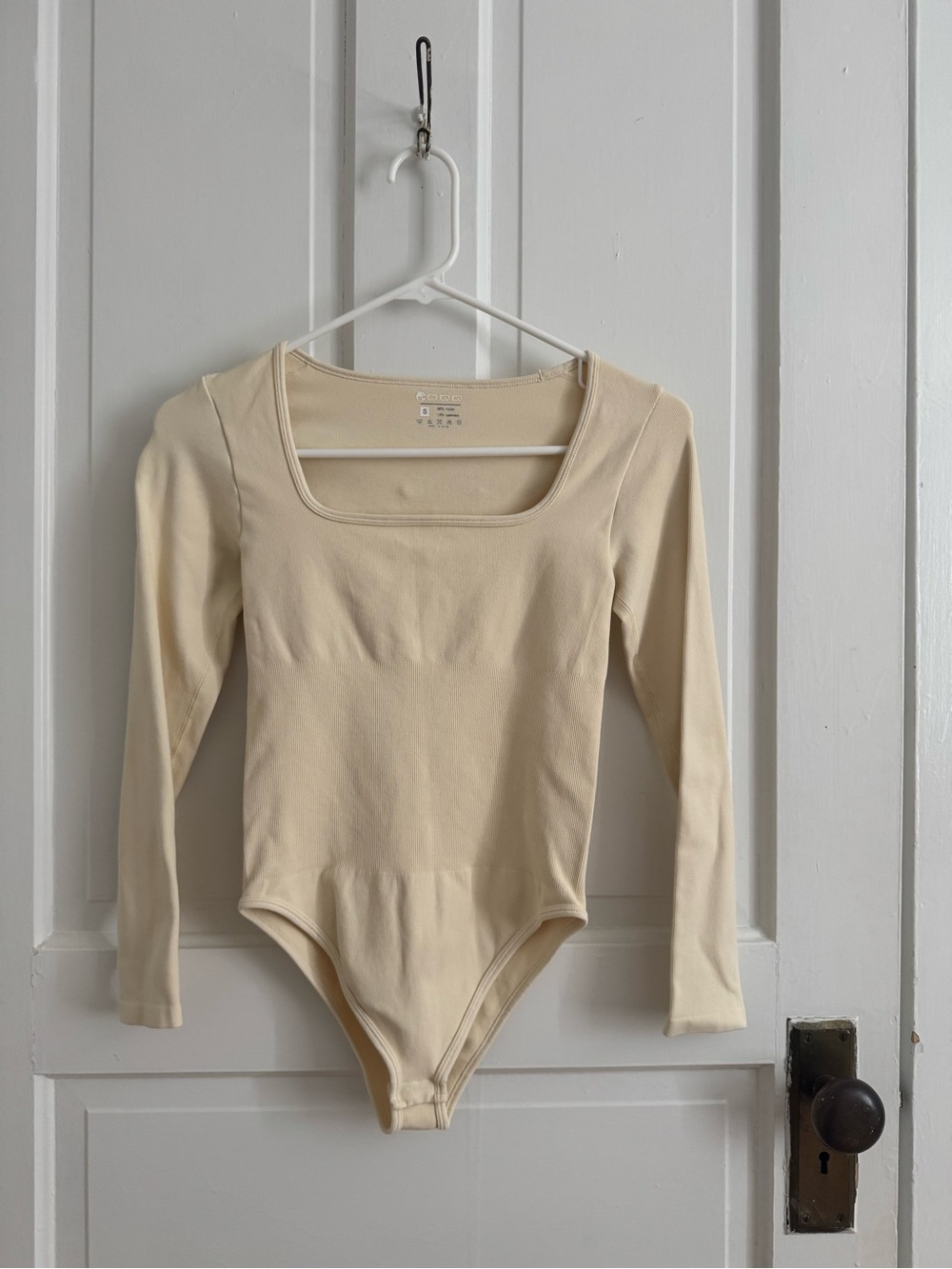 Long Sleeve Square Neck One-Piece Bodysuit in Cream